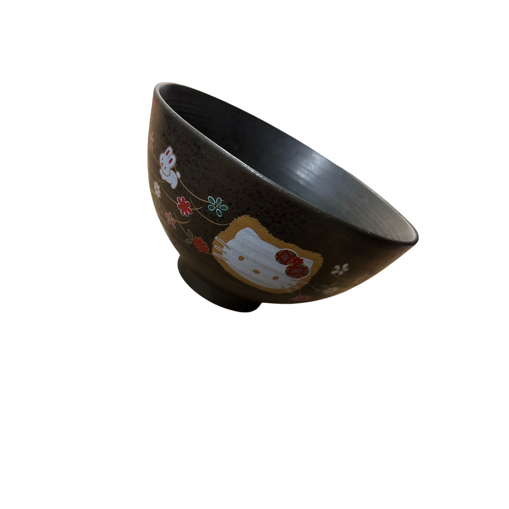 Sanrio Hello Kitty Ceramic Rice Bowl Black Matte Floral Rabbit Japanese Style